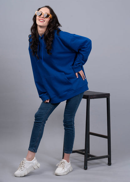 Solid Royal Blue Women Drop Shoulder Terry Hoodie - Kurvy