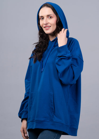 Solid Royal Blue Women Drop Shoulder Terry Hoodie - Kurvy