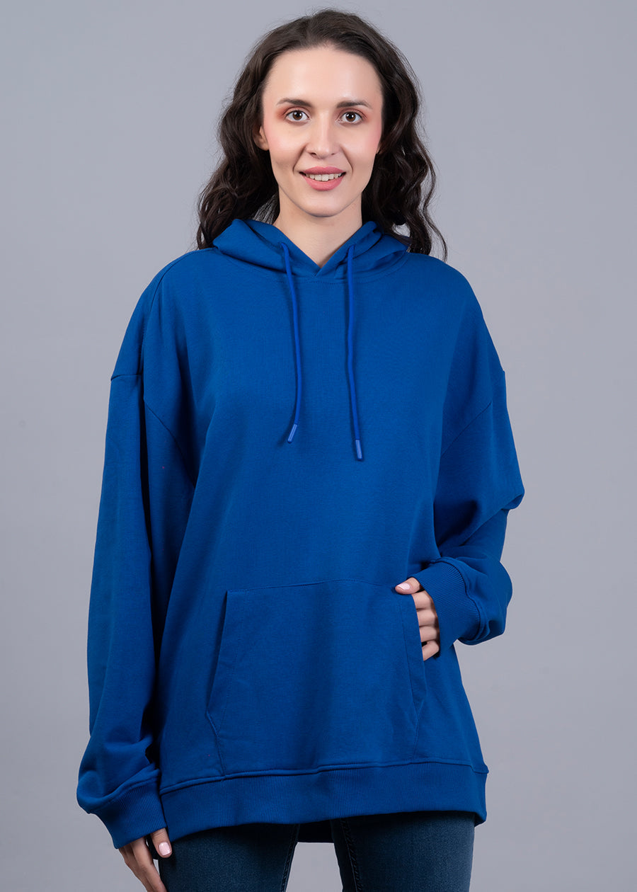Solid Royal Blue Women Drop Shoulder Terry Hoodie - Kurvy