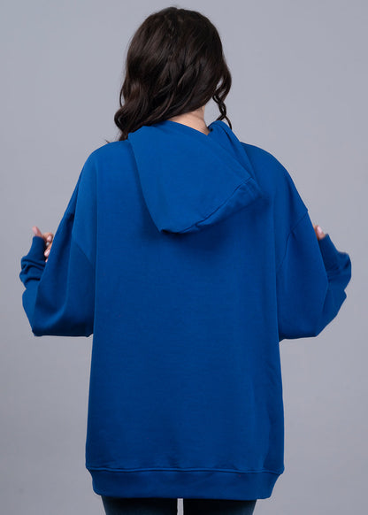 Solid Royal Blue Women Drop Shoulder Terry Hoodie - Kurvy