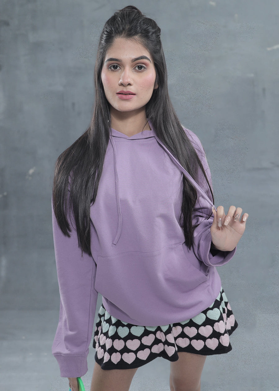 Solid Women Drop Shoulder Loose Fit Hoodie - Lilac - Kurvy