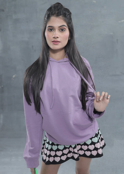 Solid Women Drop Shoulder Loose Fit Hoodie - Lilac - Kurvy