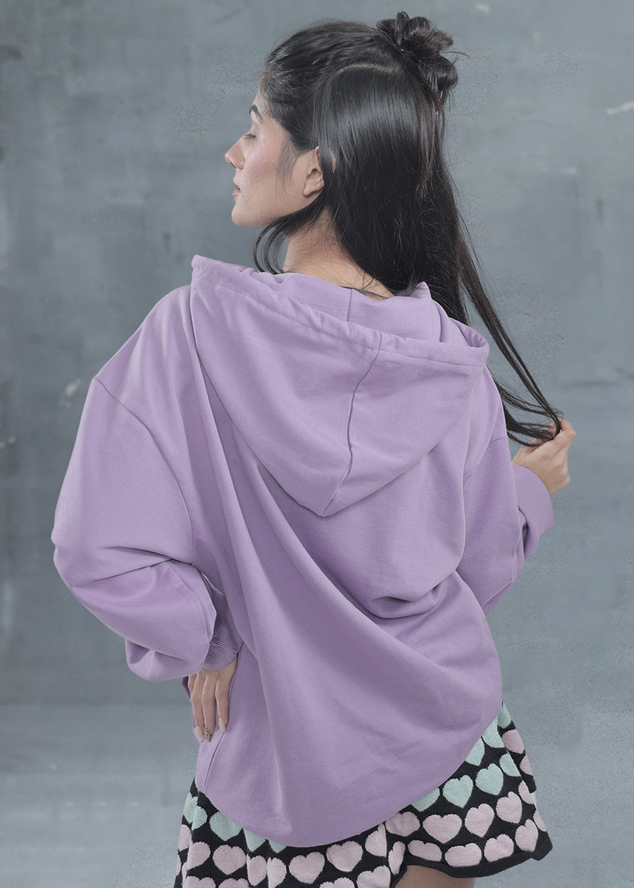 Solid Women Drop Shoulder Loose Fit Hoodie - Lilac - Kurvy