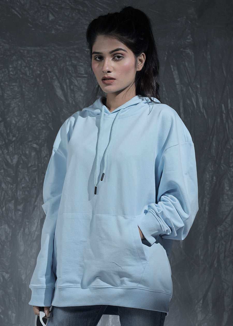 Solid Women Drop Shoulder Premium Terry Hoodie - Sky - Kurvy