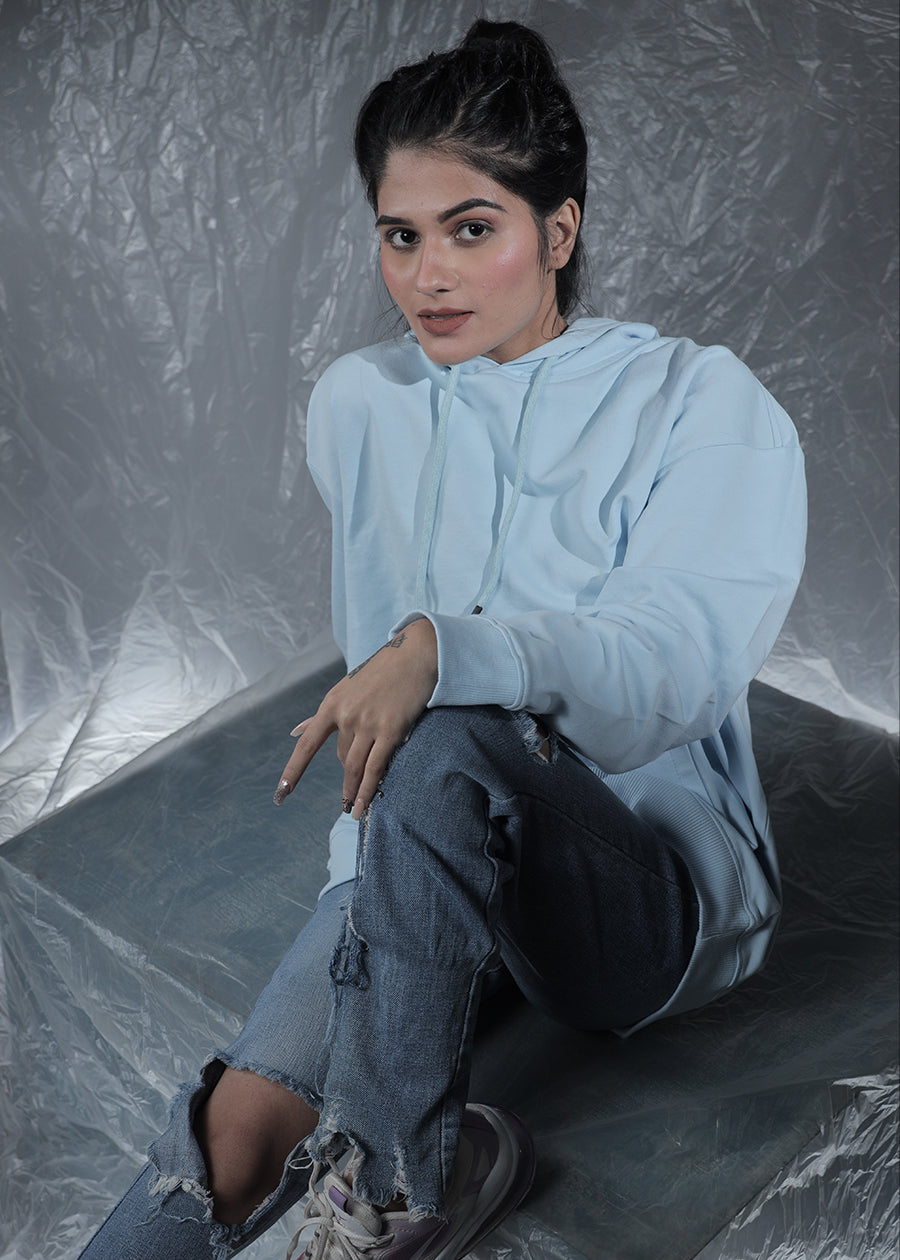 Solid Women Drop Shoulder Premium Terry Hoodie - Sky - Kurvy