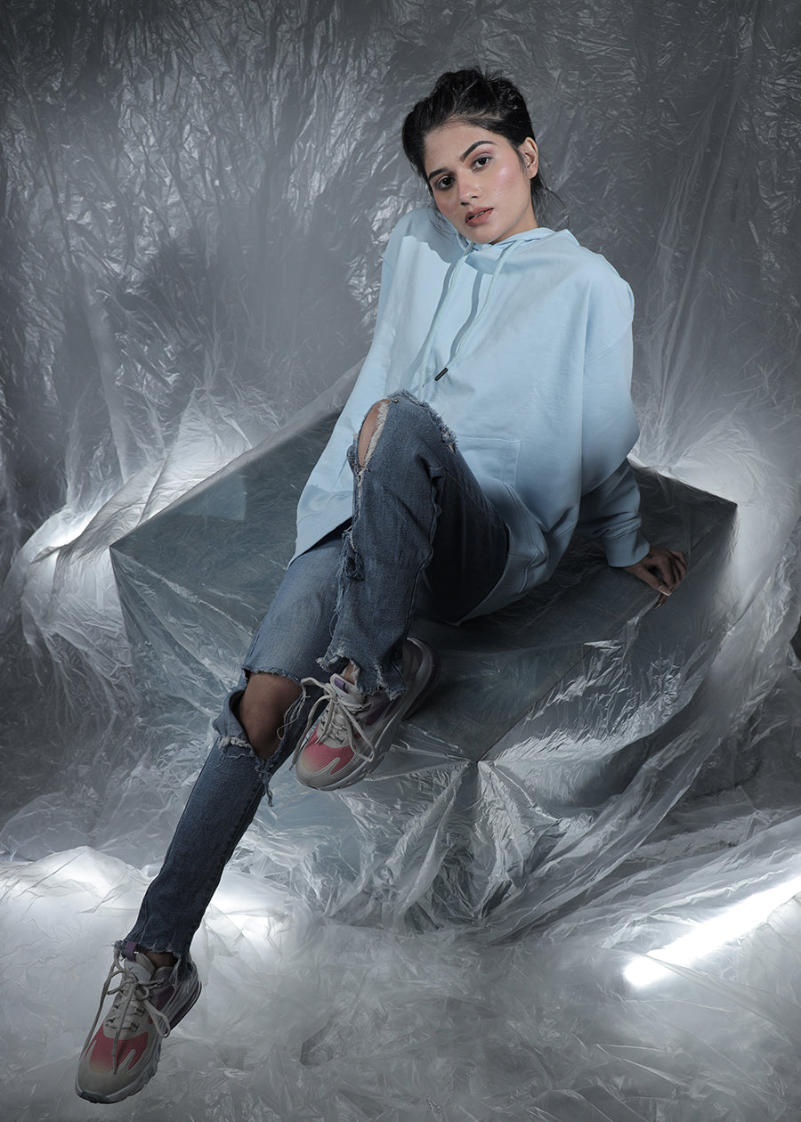 Solid Women Drop Shoulder Premium Terry Hoodie - Sky - Kurvy