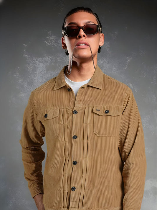 Teddy Lined Corduroy Jacket - Beige - Kurvy