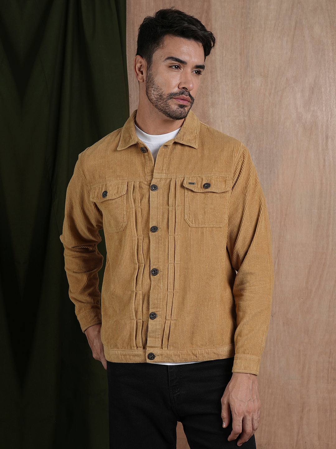 Teddy Lined Corduroy Jacket - Beige - Kurvy