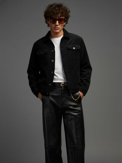Teddy Lined Corduroy Jacket - Black - Kurvy