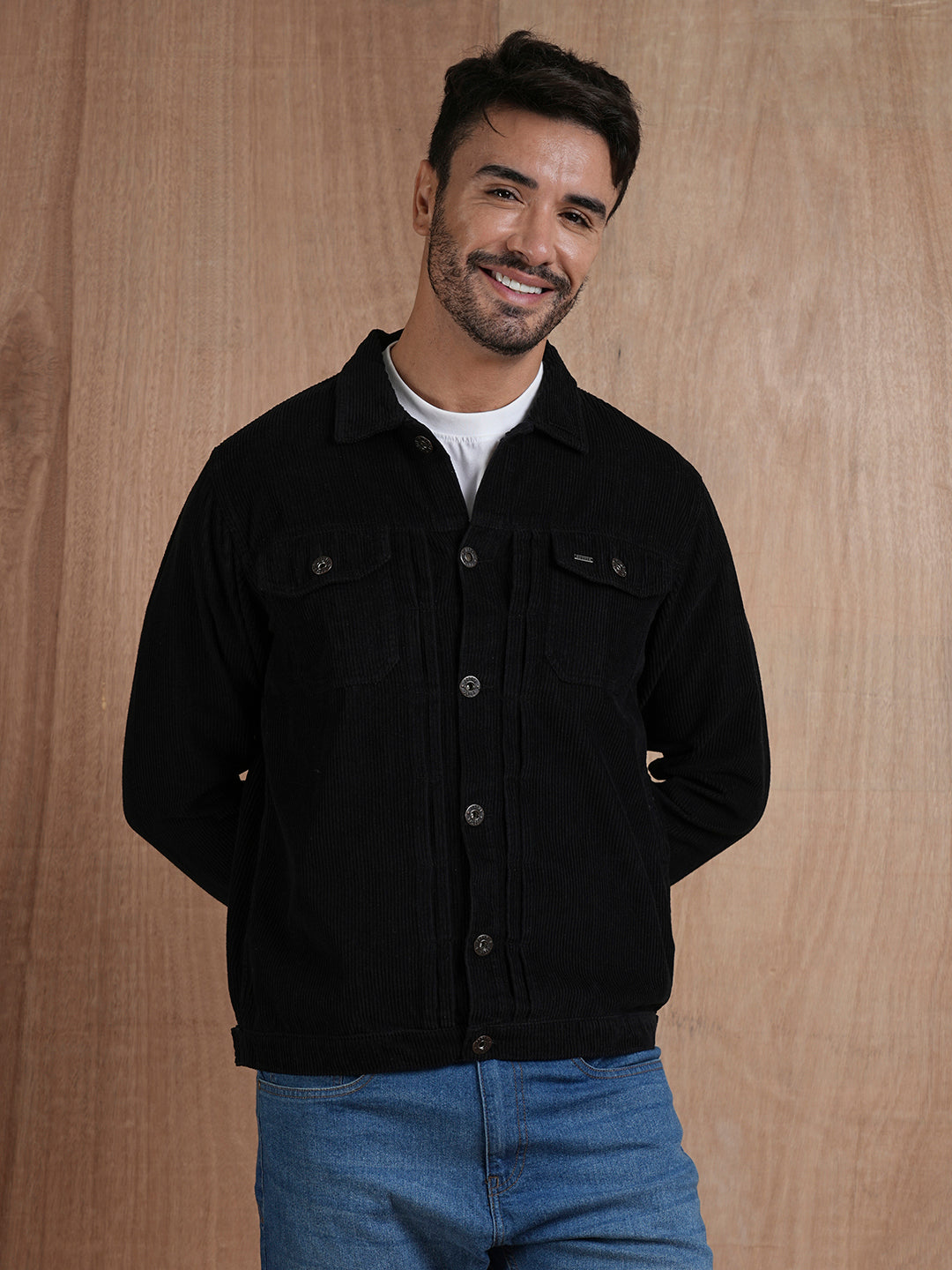 Teddy Lined Corduroy Jacket - Black - Kurvy