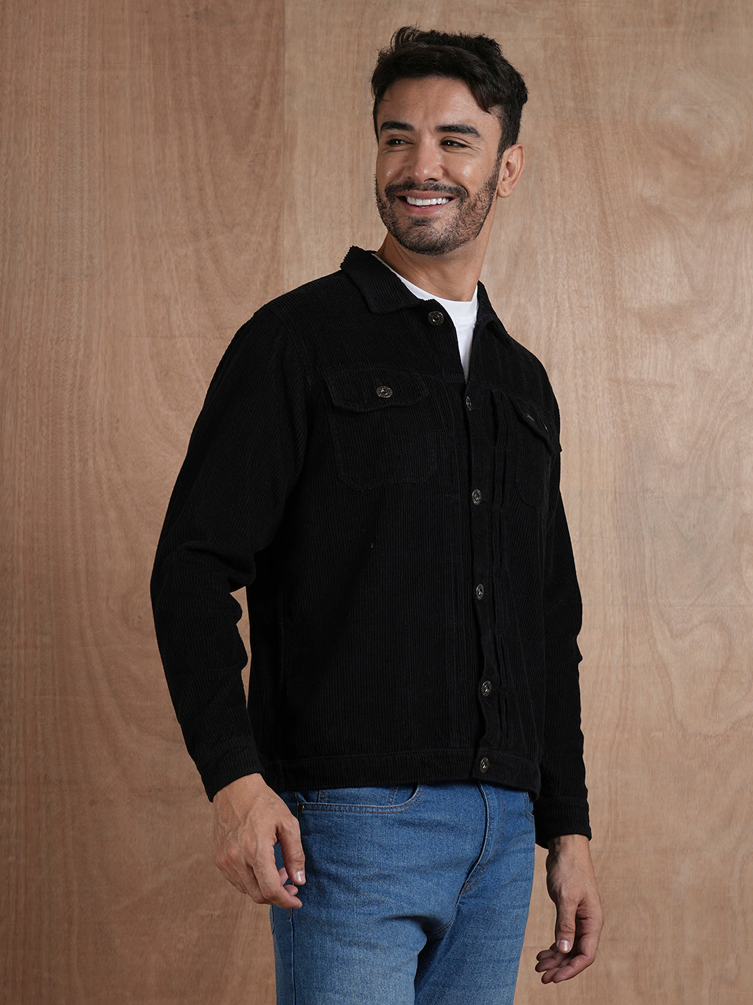 Teddy Lined Corduroy Jacket - Black - Kurvy