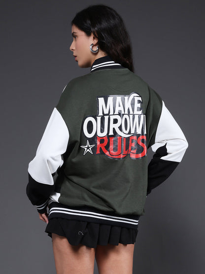 Women Graphic Printed Varsity Bomber Jacket - Kurvy