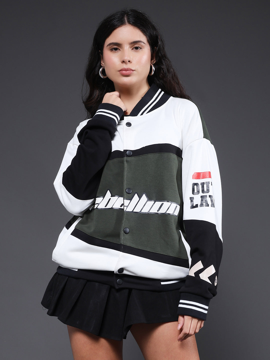 Women Graphic Printed Varsity Bomber Jacket - Kurvy