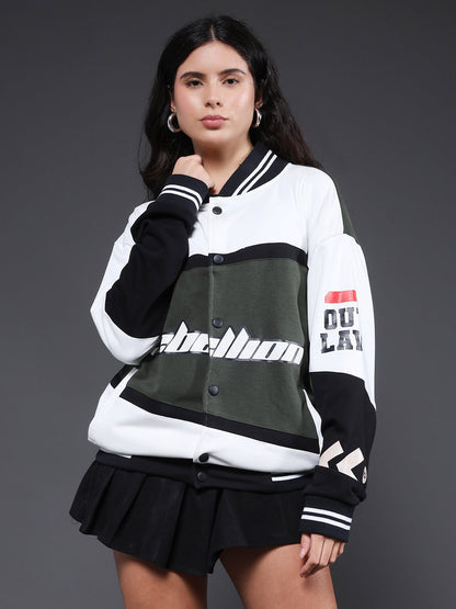 Women Graphic Printed Varsity Bomber Jacket - Kurvy