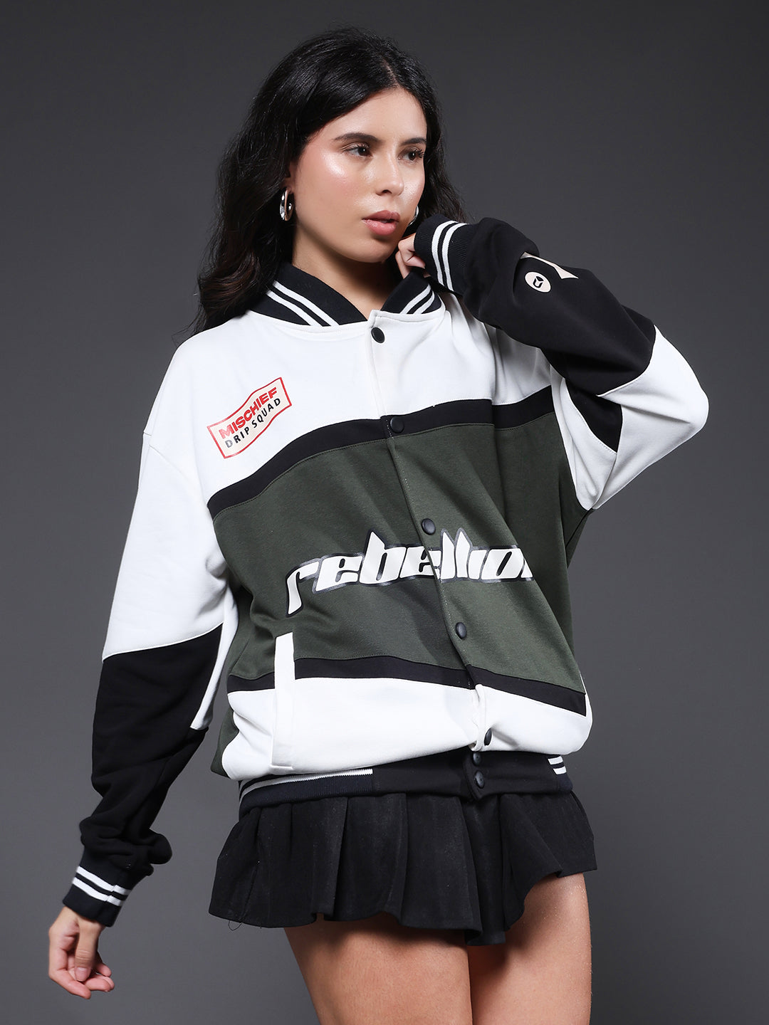 Women Graphic Printed Varsity Bomber Jacket - Kurvy