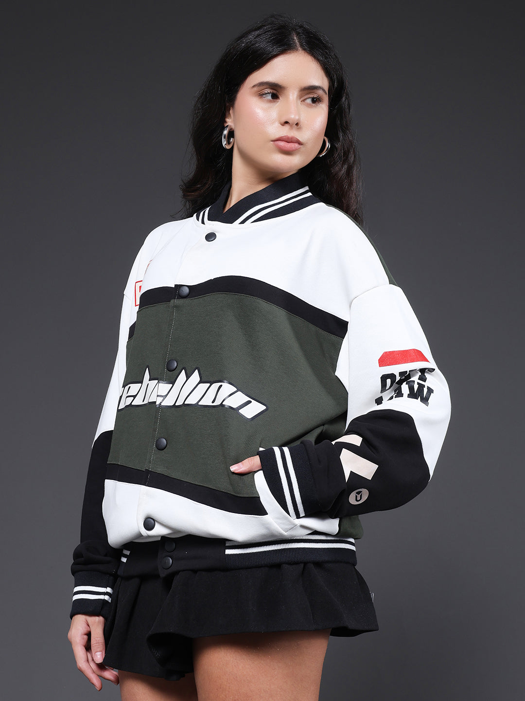Women Graphic Printed Varsity Bomber Jacket - Kurvy