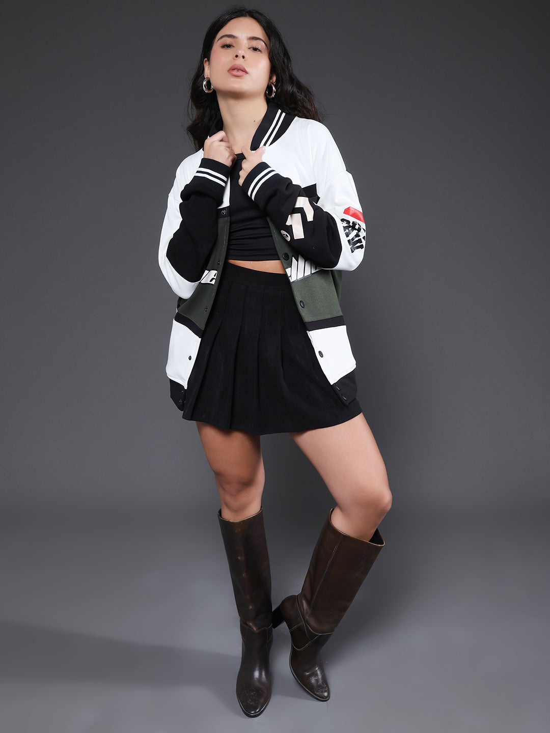 Women Graphic Printed Varsity Bomber Jacket - Kurvy
