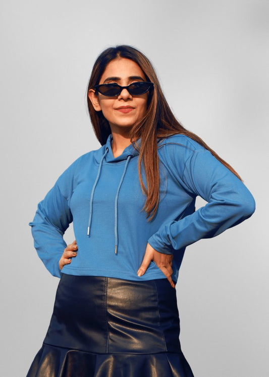 Denim Blue Women Cropped Solid Hoodie  -  Kurvy