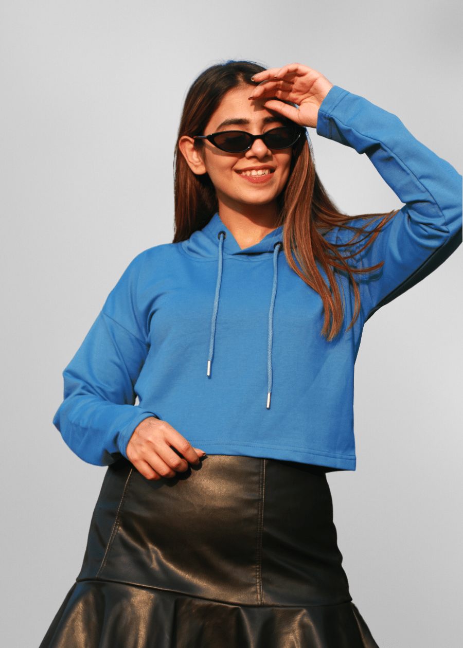 Denim Blue Women Cropped Solid Hoodie  -  Kurvy