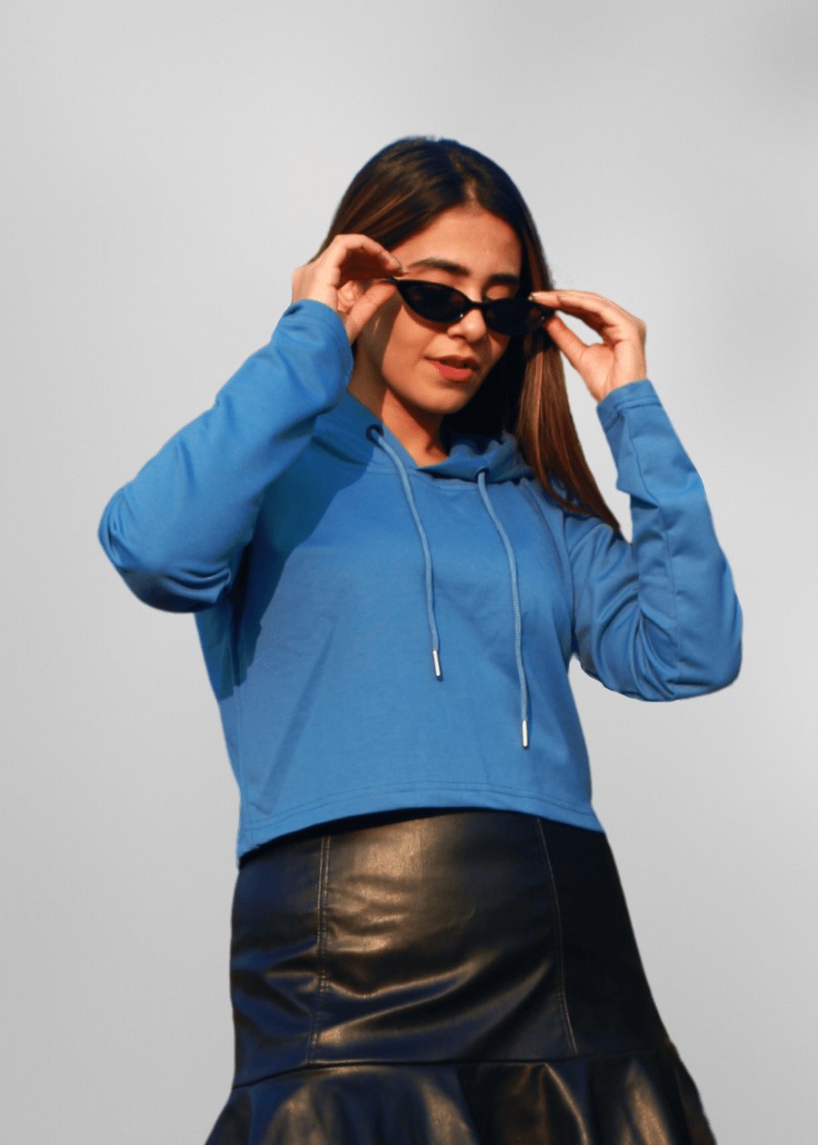 Denim Blue Women Cropped Solid Hoodie  -  Kurvy