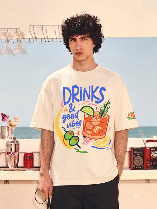 Drinks & Good Vibes Men Printed Oversized T-Shirt  -  Kurvy Oversized T-Shirt
