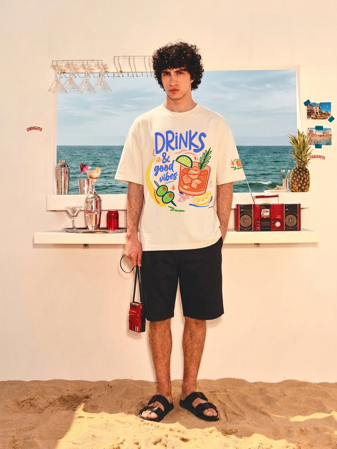 Drinks & Good Vibes Men Printed Oversized T-Shirt  -  Kurvy Oversized T-Shirt
