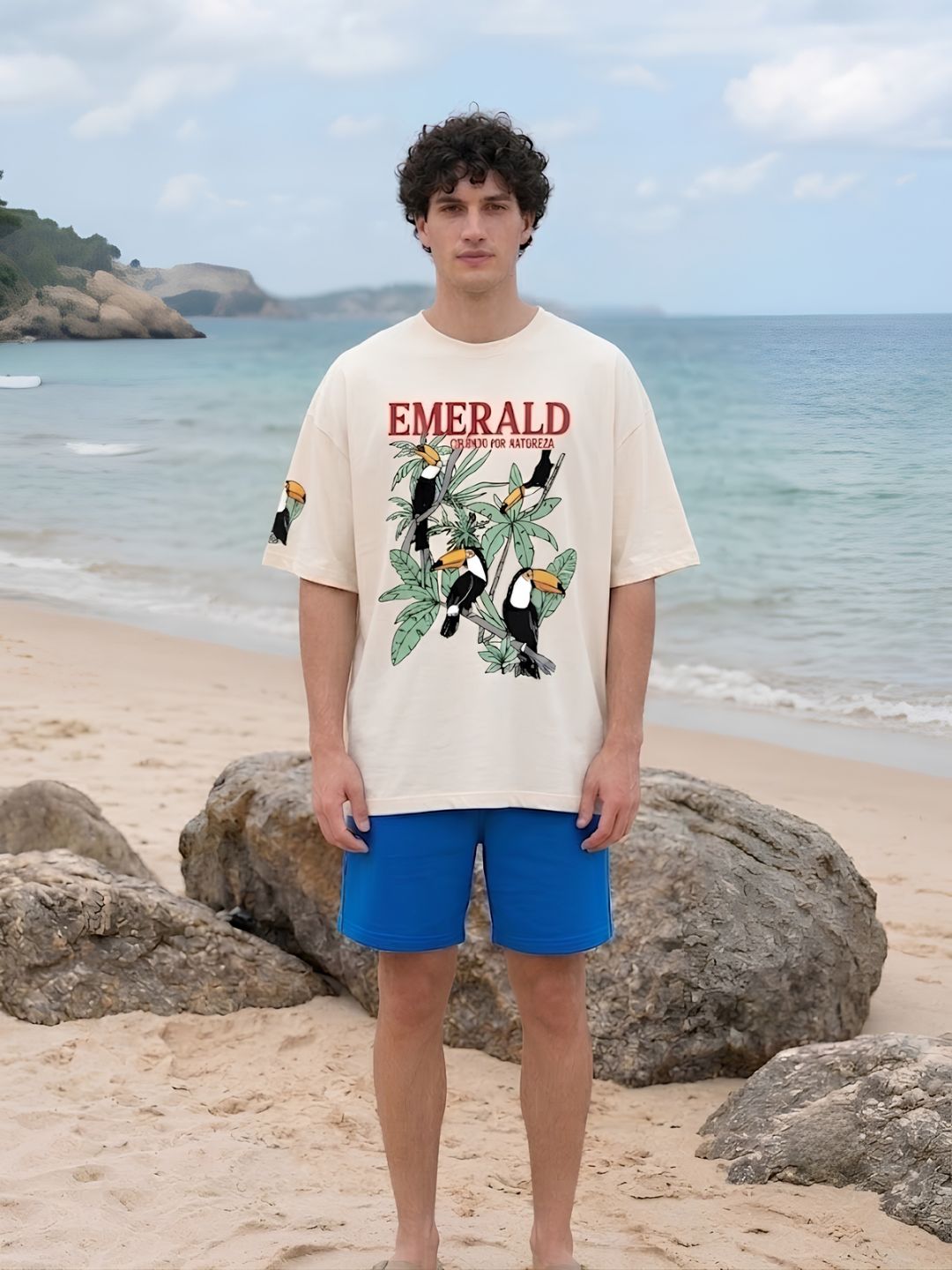 Emerald Toucan Men Printed Oversized T-Shirt  -  Kurvy Oversized T-Shirt
