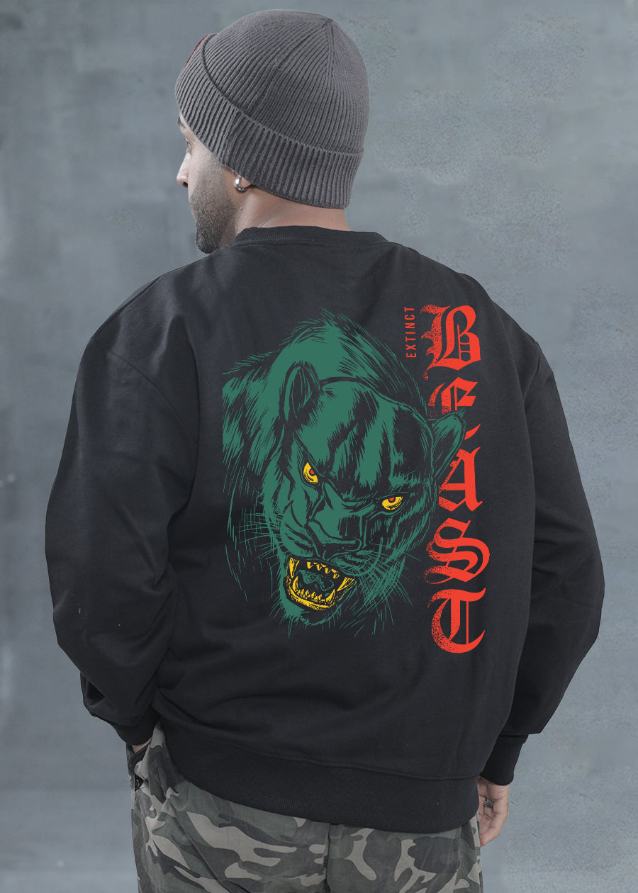 Extinct Beast Men Black Drop Shoulder Premium Terry Sweatshirt  -  Kurvy Sweatshirt