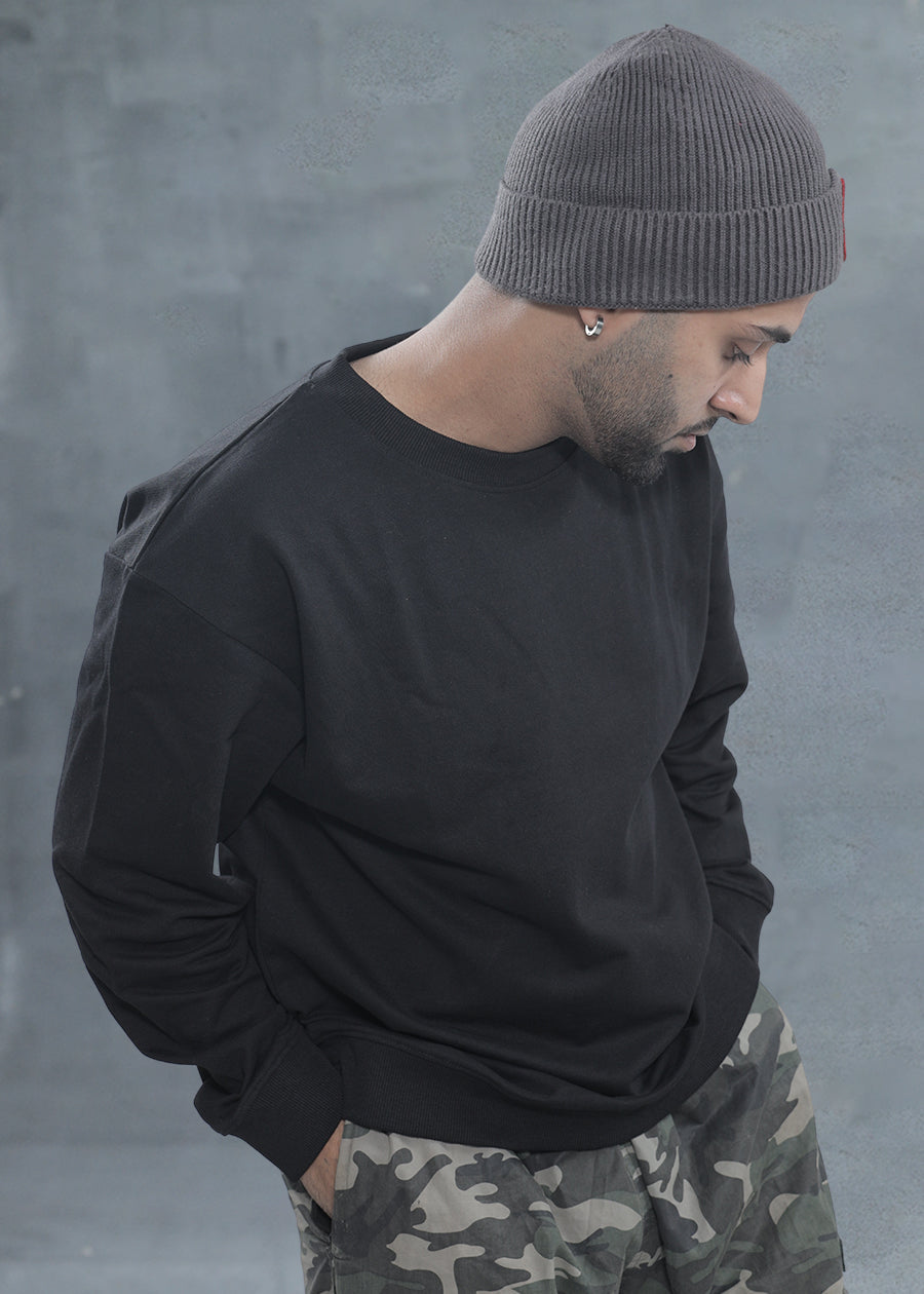 Extinct Beast Men Black Drop Shoulder Premium Terry Sweatshirt  -  Kurvy Sweatshirt