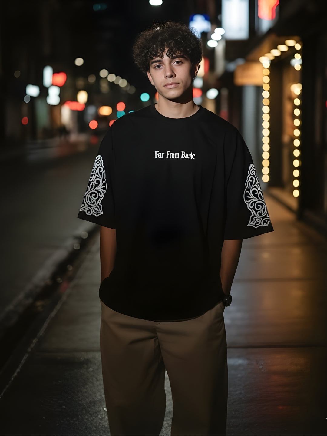 Far From Basic Puff Printed Men Premium Oversized T-Shirt  -  Kurvy Oversized T-Shirt