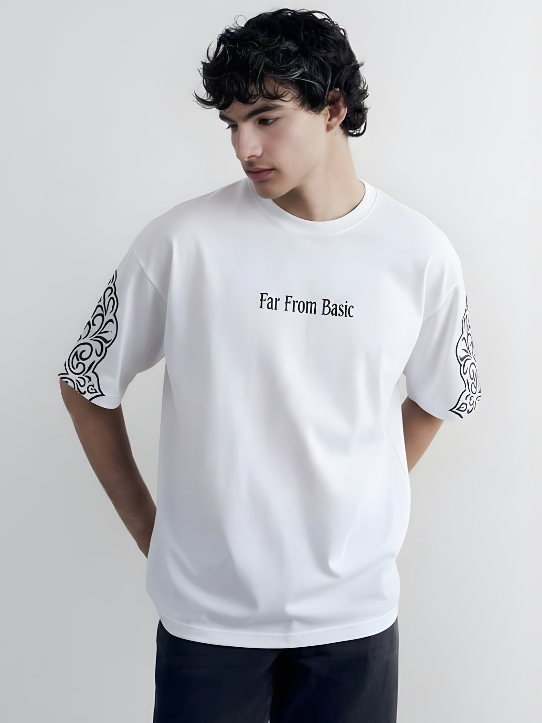 Far From Basic Puff Printed Men Premium Oversized T-Shirt - White  -  Kurvy Oversized T-Shirt