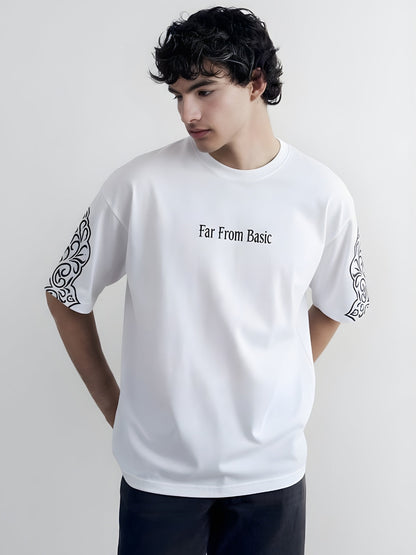 Far From Basic Puff Printed Men Premium Oversized T-Shirt - White  -  Kurvy Oversized T-Shirt