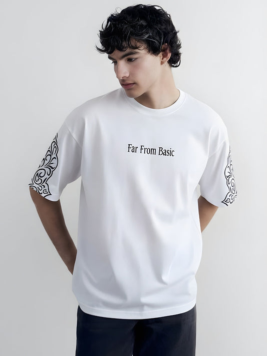Far From Basic Puff Printed Men Premium Oversized T-Shirt - White  -  Kurvy Oversized T-Shirt