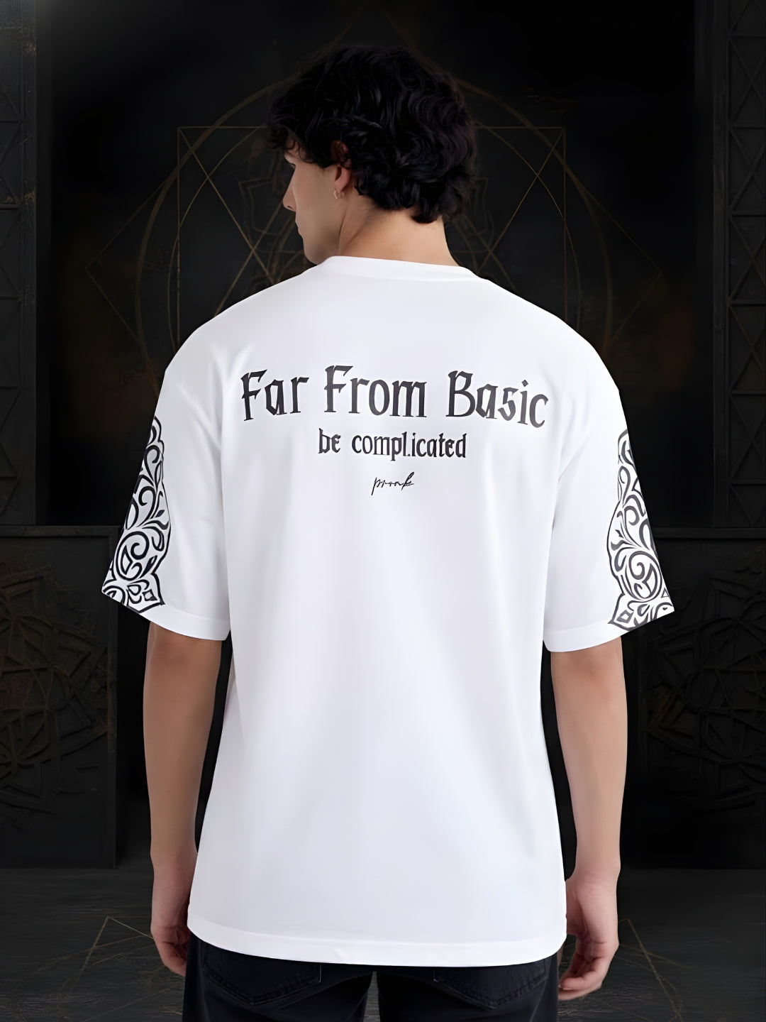 Far From Basic Puff Printed Men Premium Oversized T-Shirt - White  -  Kurvy Oversized T-Shirt