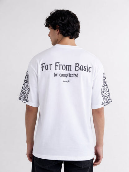 Far From Basic Puff Printed Men Premium Oversized T-Shirt - White  -  Kurvy Oversized T-Shirt