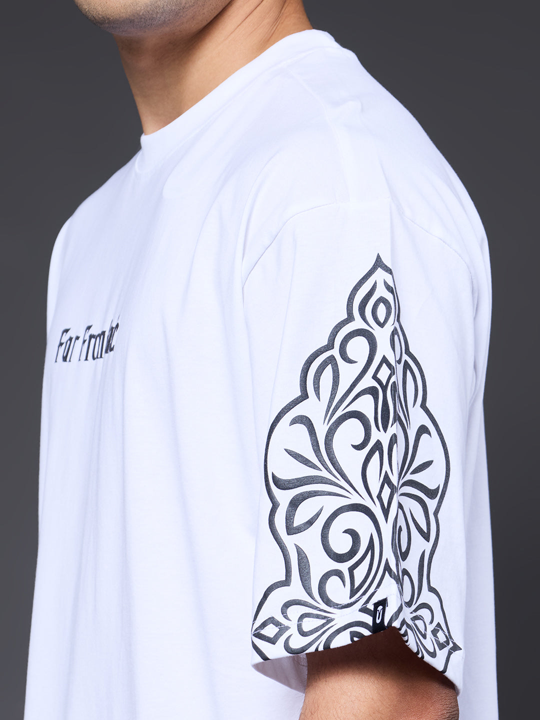 Far From Basic Puff Printed Men Premium Oversized T-Shirt - White  -  Kurvy Oversized T-Shirt