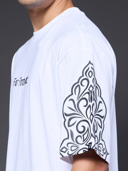 Far From Basic Puff Printed Men Premium Oversized T-Shirt - White  -  Kurvy Oversized T-Shirt