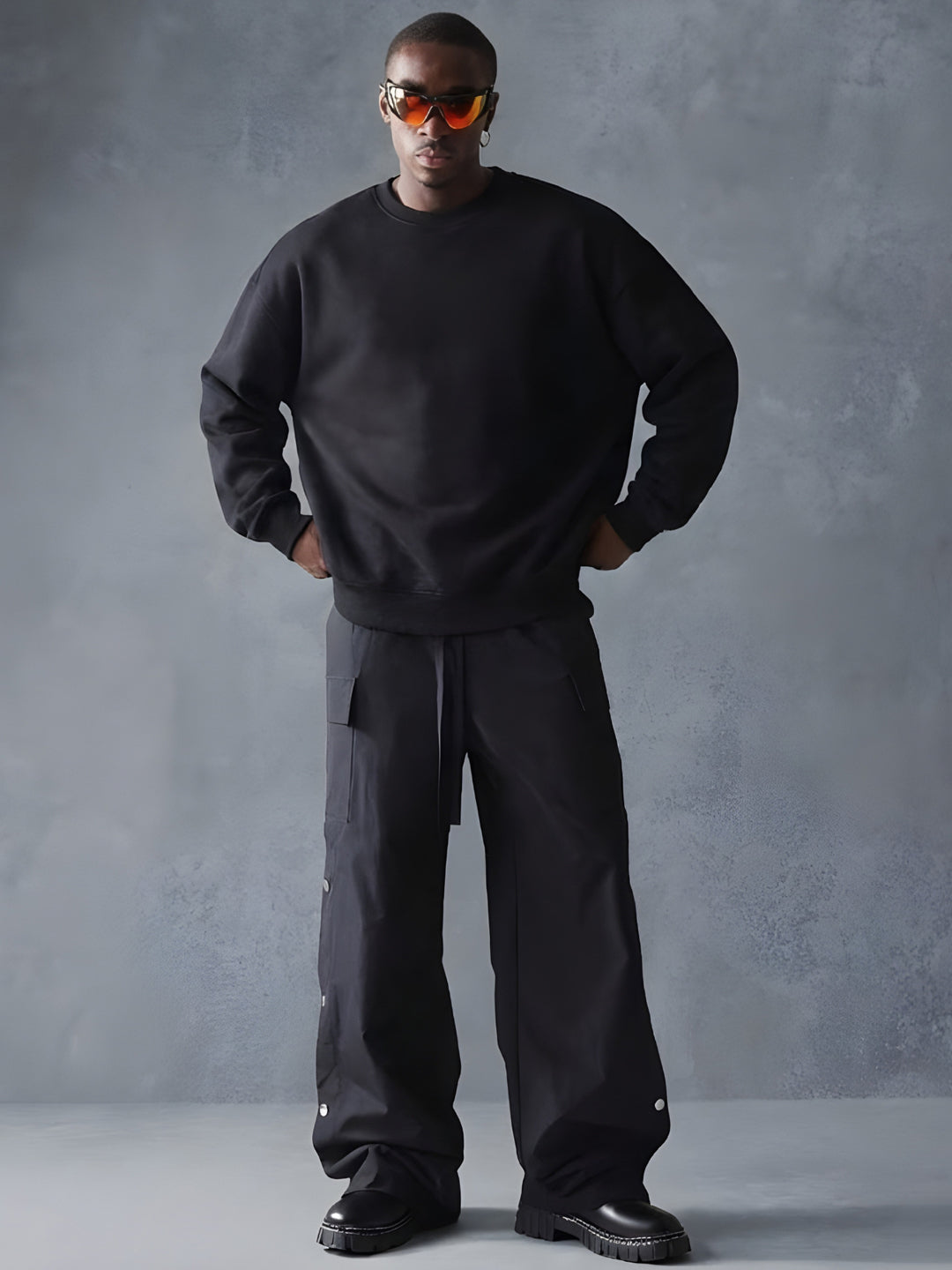 Solid Black Men Drop Shoulder Premium Terry Sweatshirt - Kurvy