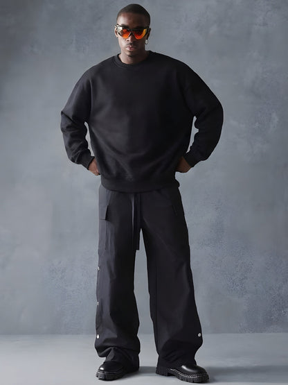 Solid Black Men Drop Shoulder Premium Terry Sweatshirt - Kurvy