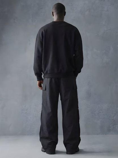 Solid Black Men Drop Shoulder Premium Terry Sweatshirt - Kurvy