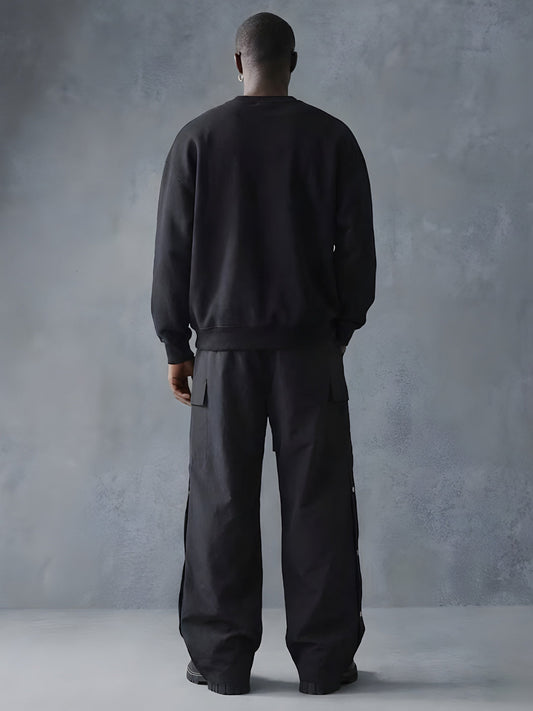 Solid Black Men Drop Shoulder Premium Terry Sweatshirt - Kurvy
