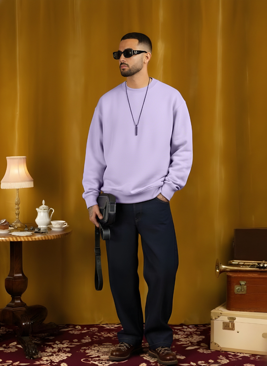 Solid Lilac Men Drop Shoulder Premium Terry Sweatshirt - Kurvy
