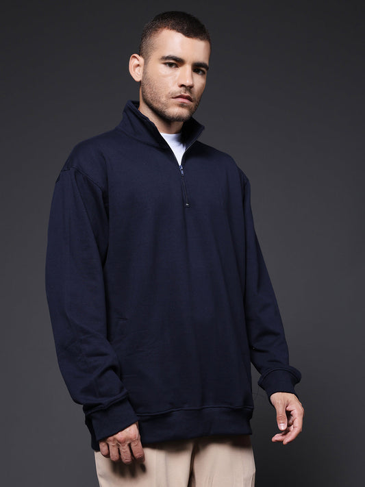 Solid Men Drop Shoulder Fleece Sweatshirt - Navy - Kurvy
