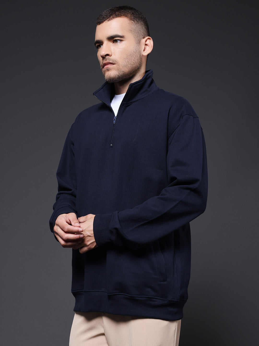 Solid Men Drop Shoulder Fleece Sweatshirt - Navy - Kurvy