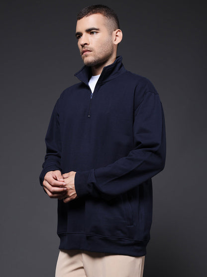 Solid Men Drop Shoulder Fleece Sweatshirt - Navy - Kurvy