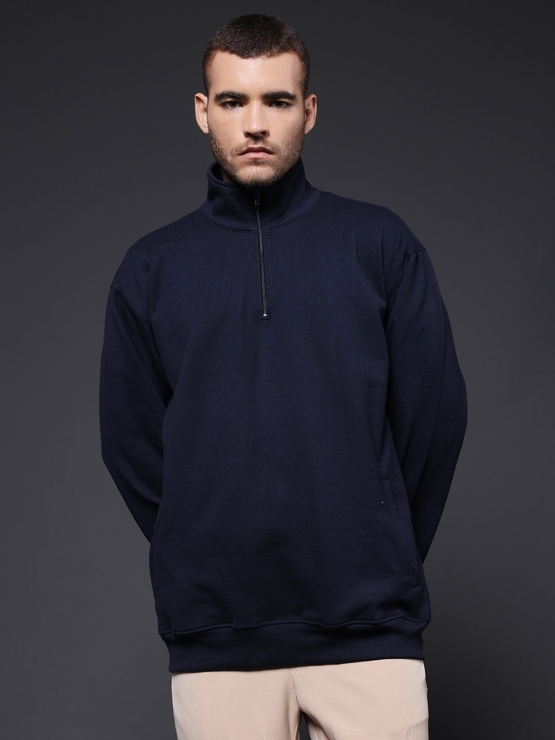 Solid Men Drop Shoulder Fleece Sweatshirt - Navy - Kurvy