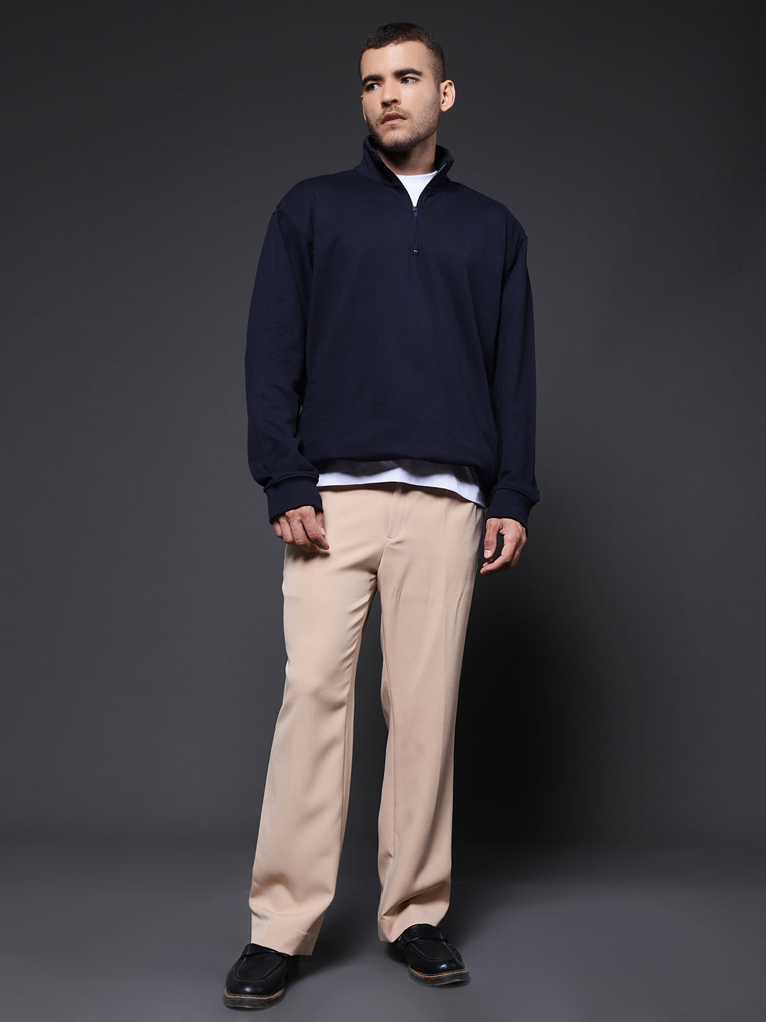 Solid Men Drop Shoulder Fleece Sweatshirt - Navy - Kurvy