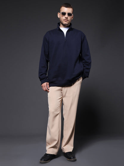 Solid Men Drop Shoulder Fleece Sweatshirt - Navy - Kurvy