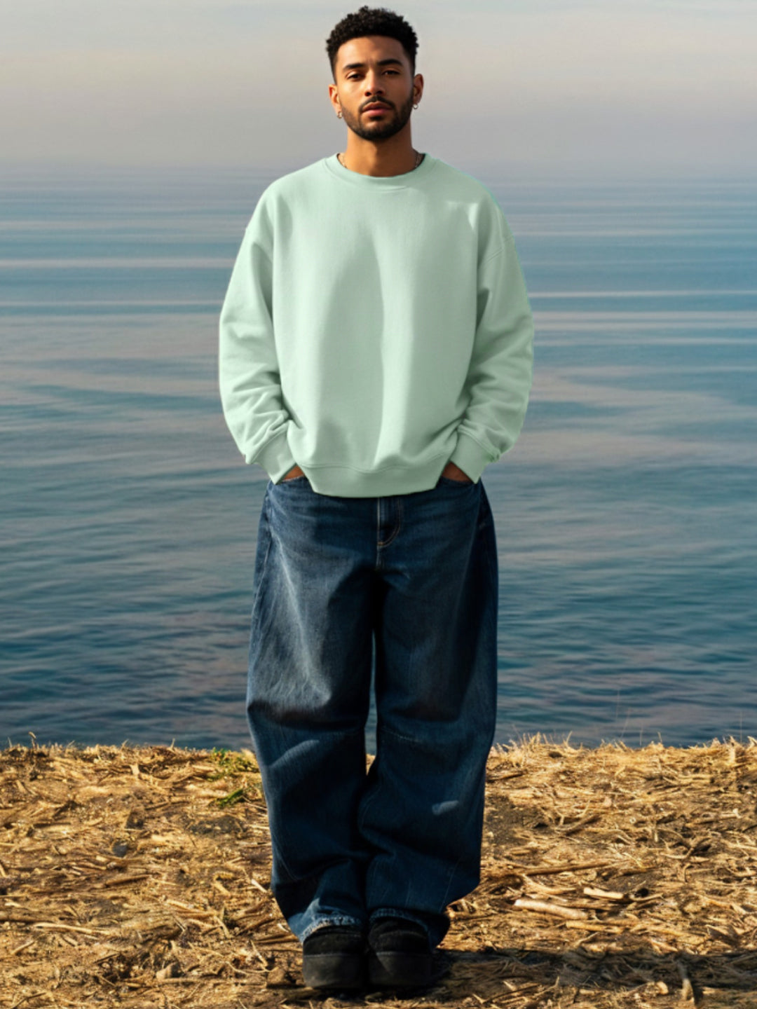 Solid Men Drop Shoulder Premium Terry Sweatshirt - Mint Green - Kurvy