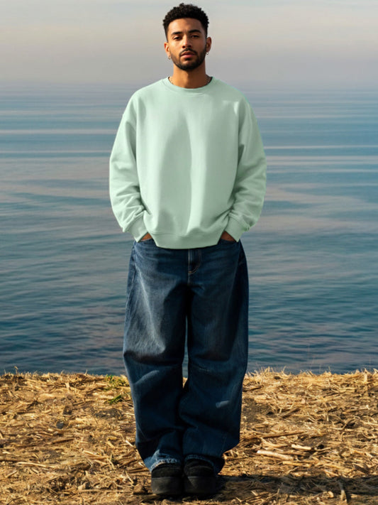 Solid Men Drop Shoulder Premium Terry Sweatshirt - Mint Green - Kurvy